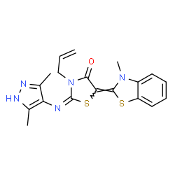 ChemSpider 2D Image | (2E,5Z)-3-Allyl-2-[(3,5-dimethyl-1H-pyrazol-4-yl)imino]-5-(3-methyl-1,3-benzothiazol-2(3H)-ylidene)-1,3-thiazolidin-4-one | C19H19N5OS2