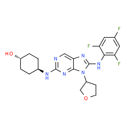 ChemSpider 2D Image | trans-4-({9-(Tetrahydro-3-furanyl)-8-[(2,4,6-trifluorophenyl)amino]-9H-purin-2-yl}amino)cyclohexanol | C21H23F3N6O2
