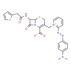 ChemSpider 2D Image | 3-[(2-{(E)-[4-(Dimethylamino)phenyl]diazenyl}-1-pyridiniumyl)methyl]-8-oxo-7-[(2-thienylacetyl)amino]-5-thia-1-azabicyclo[4.2.0]oct-2-ene-2-carboxylate | C27H26N6O4S2