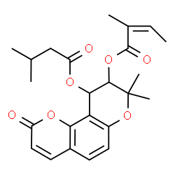 ChemSpider 2D Image | 8,8-Dimethyl-10-[(3-methylbutanoyl)oxy]-2-oxo-9,10-dihydro-2H,8H-pyrano[2,3-f]chromen-9-yl (2Z)-2-methyl-2-butenoate | C24H28O7