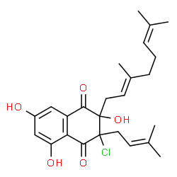 ChemSpider 2D Image | 3-Chloro-2-[(2E)-3,7-dimethyl-2,6-octadien-1-yl]-2,5,7-trihydroxy-3-(3-methyl-2-buten-1-yl)-2,3-dihydro-1,4-naphthalenedione | C25H31ClO5