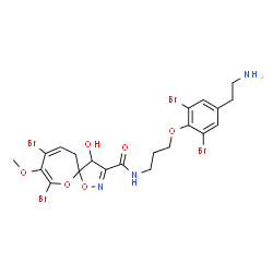 ChemSpider 2D Image | N-{3-[4-(2-Aminoethyl)-2,6-dibromophenoxy]propyl}-7,9-dibromo-4-hydroxy-8-methoxy-1,6-dioxa-2-azaspiro[4.6]undeca-2,7,9-triene-3-carboxamide | C21H23Br4N3O6