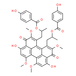ChemSpider 2D Image | (4,9-Dihydroxy-2,6,7,11-tetramethoxy-3,10-dioxo-3,10-dihydroperylene-1,12-diyl)di-1,2-propanediyl bis(4-hydroxybenzoate) | C44H38O14
