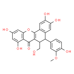 ChemSpider 2D Image | 2,3,8,10-Tetrahydroxy-5-(4-hydroxy-3-methoxyphenyl)-6-(hydroxymethyl)-5,6-dihydro-7H-benzo[c]xanthen-7-one | C25H20O9