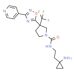 ChemSpider 2D Image | N-[2-(1-Aminocyclopropyl)ethyl]-3-[3-(4-pyridinyl)-1,2,4-oxadiazol-5-yl]-3-(trifluoromethyl)-1-pyrrolidinecarboxamide | C18H21F3N6O2