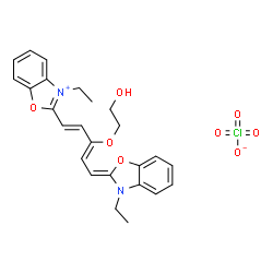 ChemSpider 2D Image | 3-Ethyl-2-[(1E,3Z,5Z)-5-(3-ethyl-1,3-benzoxazol-2(3H)-ylidene)-3-(2-hydroxyethoxy)-1,3-pentadien-1-yl]-1,3-benzoxazol-3-ium perchlorate | C25H27ClN2O8