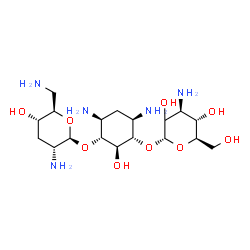ChemSpider 2D Image | (1S,2S,3R,4S,6R)-4,6-Diamino-3-[(2,6-diamino-2,3,6-trideoxy-beta-D-ribo-hexopyranosyl)oxy]-2-hydroxycyclohexyl (2xi)-3-amino-3-deoxy-alpha-D-arabino-hexopyranoside | C18H37N5O9