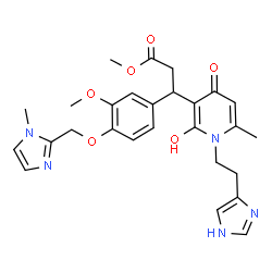 ChemSpider 2D Image | Methyl 3-{2-hydroxy-1-[2-(1H-imidazol-4-yl)ethyl]-6-methyl-4-oxo-1,4-dihydro-3-pyridinyl}-3-{3-methoxy-4-[(1-methyl-1H-imidazol-2-yl)methoxy]phenyl}propanoate | C27H31N5O6