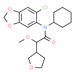 ChemSpider 2D Image | N-(6-Chloro-1,3-benzodioxol-5-yl)-N-cyclohexyl-2-methoxy-2-(tetrahydro-3-furanyl)acetamide | C20H26ClNO5