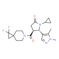 ChemSpider 2D Image | (4S,5S)-1-Cyclopropyl-4-[(1,1-difluoro-6-azaspiro[2.5]oct-6-yl)carbonyl]-5-(1,5-dimethyl-1H-pyrazol-4-yl)-2-pyrrolidinone | C20H26F2N4O2