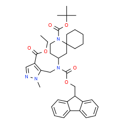 ChemSpider 2D Image | 2-Methyl-2-propanyl 4-({[4-(ethoxycarbonyl)-1-methyl-1H-pyrazol-5-yl]methyl}[(9H-fluoren-9-ylmethoxy)carbonyl]amino)-1-azaspiro[5.5]undecane-1-carboxylate | C38H48N4O6