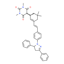 ChemSpider 2D Image | 5-(3-{(E)-2-[4-(3,5-Diphenyl-4,5-dihydro-1H-pyrazol-1-yl)phenyl]vinyl}-5,5-dimethyl-2-cyclohexen-1-ylidene)-1,3-dimethyl-2,4,6(1H,3H,5H)-pyrimidinetrione | C37H36N4O3
