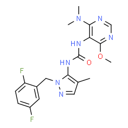 ChemSpider 2D Image | 1-[1-(2,5-Difluorobenzyl)-4-methyl-1H-pyrazol-5-yl]-3-[4-(dimethylamino)-6-methoxy-5-pyrimidinyl]urea | C19H21F2N7O2