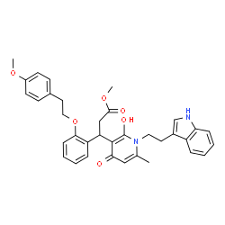 ChemSpider 2D Image | Methyl 3-{2-hydroxy-1-[2-(1H-indol-3-yl)ethyl]-6-methyl-4-oxo-1,4-dihydro-3-pyridinyl}-3-{2-[2-(4-methoxyphenyl)ethoxy]phenyl}propanoate | C35H36N2O6