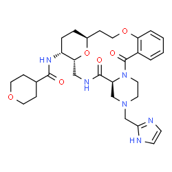ChemSpider 2D Image | N-[(1R,5S,21S,24R)-7-(1H-Imidazol-2-ylmethyl)-4,11-dioxo-18,25-dioxa-3,7,10-triazatetracyclo[19.3.1.0~5,10~.0~12,17~]pentacosa-12,14,16-trien-24-yl]tetrahydro-2H-pyran-4-carboxamide | C30H40N6O6