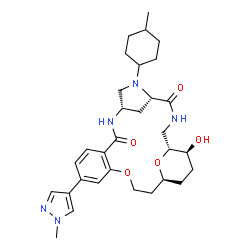 ChemSpider 2D Image | (1R,5S,8S,20S,23S)-23-Hydroxy-6-(4-methylcyclohexyl)-14-(1-methyl-1H-pyrazol-4-yl)-17,24-dioxa-3,6,9-triazatetracyclo[18.3.1.1~5,8~.0~11,16~]pentacosa-11,13,15-triene-4,10-dione | C31H43N5O5
