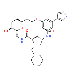 ChemSpider 2D Image | (1R,5S,8S,20S,23S)-6-(Cyclohexylmethyl)-23-hydroxy-14-(1-methyl-1H-pyrazol-4-yl)-17,24-dioxa-3,6,9-triazatetracyclo[18.3.1.1~5,8~.0~11,16~]pentacosa-11,13,15-triene-4,10-dione | C31H43N5O5