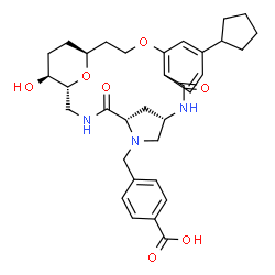 ChemSpider 2D Image | 4-{[(1R,5S,8S,20S,23S)-14-Cyclopentyl-23-hydroxy-4,10-dioxo-17,24-dioxa-3,6,9-triazatetracyclo[18.3.1.1~5,8~.0~11,16~]pentacosa-11,13,15-trien-6-yl]methyl}benzoic acid | C33H41N3O7