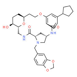 ChemSpider 2D Image | (1R,5S,8S,20S,23S)-6-(1,3-Benzodioxol-5-ylmethyl)-14-cyclopentyl-23-hydroxy-17,24-dioxa-3,6,9-triazatetracyclo[18.3.1.1~5,8~.0~11,16~]pentacosa-11,13,15-triene-4,10-dione | C33H41N3O7