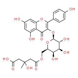 ChemSpider 2D Image | 5,7-Dihydroxy-2-(4-hydroxyphenyl)-4-oxo-4H-chromen-3-yl 6-O-(4-carboxy-3-hydroxy-3-methylbutanoyl)-beta-D-galactopyranoside | C27H28O15