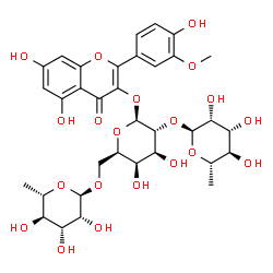 ChemSpider 2D Image | 5,7-Dihydroxy-2-(4-hydroxy-3-methoxyphenyl)-4-oxo-4H-chromen-3-yl 6-deoxy-alpha-L-mannopyranosyl-(1->2)-[6-deoxy-alpha-L-mannopyranosyl-(1->6)]-beta-D-galactopyranoside | C34H42O20