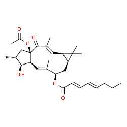 ChemSpider 2D Image | (1aR,2E,4aR,6R,7S,7aS,8E,10R,11aS)-4a-Acetoxy-7-hydroxy-1,1,3,6,9-pentamethyl-4-oxo-1a,4,4a,5,6,7,7a,10,11,11a-decahydro-1H-cyclopenta[a]cyclopropa[f][11]annulen-10-yl (2E,4E)-2,4-octadienoate | C30H42O6