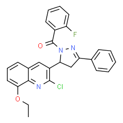 ChemSpider 2D Image | [5-(2-Chloro-8-ethoxy-3-quinolinyl)-3-phenyl-4,5-dihydro-1H-pyrazol-1-yl](2-fluorophenyl)methanone | C27H21ClFN3O2