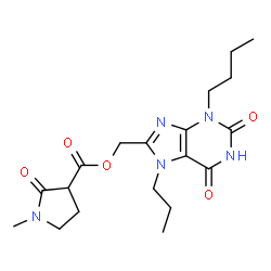 ChemSpider 2D Image | (3-Butyl-2,6-dioxo-7-propyl-2,3,6,7-tetrahydro-1H-purin-8-yl)methyl 1-methyl-2-oxo-3-pyrrolidinecarboxylate | C19H27N5O5