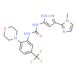 ChemSpider 2D Image | 1-[3-(1-Methyl-1H-imidazol-2-yl)-1H-pyrazol-5-yl]-3-[2-(4-morpholinyl)-5-(trifluoromethyl)phenyl]urea | C19H20F3N7O2