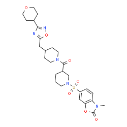 ChemSpider 2D Image | 3-Methyl-6-({3-[(4-{[3-(tetrahydro-2H-pyran-4-yl)-1,2,4-oxadiazol-5-yl]methyl}-1-piperidinyl)carbonyl]-1-piperidinyl}sulfonyl)-1,3-benzoxazol-2(3H)-one | C27H35N5O7S