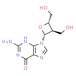 ChemSpider 2D Image | 2-Amino-9-((2R,3R,4S)-3,4-bis(hydroxymethyl)oxetan-2-yl)-1H-purin-6(9H)-one | C10H13N5O4