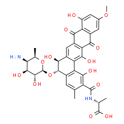 ChemSpider 2D Image | (2R)-2-({[(5S,6S)-5-{[(2S,3R,4S,5R,6R)-5-Amino-3,4-dihydroxy-6-methyltetrahydro-2H-pyran-2-yl]oxy}-1,6,9,14-tetrahydroxy-11-methoxy-3-methyl-8,13-dioxo-5,6,8,13-tetrahydrobenzo[a]tetracen-2-yl]carbony
l}amino)propanoic acid | C34H34N2O14