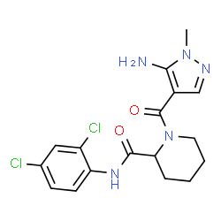 ChemSpider 2D Image | 1-[(5-Amino-1-methyl-1H-pyrazol-4-yl)carbonyl]-N-(2,4-dichlorophenyl)-2-piperidinecarboxamide | C17H19Cl2N5O2