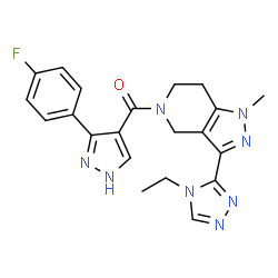 ChemSpider 2D Image | [3-(4-Ethyl-4H-1,2,4-triazol-3-yl)-1-methyl-1,4,6,7-tetrahydro-5H-pyrazolo[4,3-c]pyridin-5-yl][3-(4-fluorophenyl)-1H-pyrazol-4-yl]methanone | C21H21FN8O