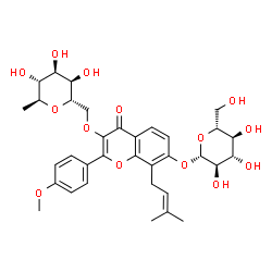 ChemSpider 2D Image | 4'-O-Methyl-8-g,g-dimethylallylkaempferol-3-rhamnoside-7-glucoside | C34H42O14
