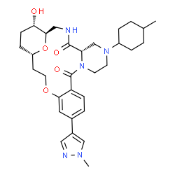 ChemSpider 2D Image | (1R,5S,21S,24S)-24-Hydroxy-7-(4-methylcyclohexyl)-15-(1-methyl-1H-pyrazol-4-yl)-18,25-dioxa-3,7,10-triazatetracyclo[19.3.1.0~5,10~.0~12,17~]pentacosa-12,14,16-triene-4,11-dione | C31H43N5O5