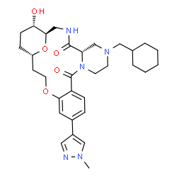 ChemSpider 2D Image | (1R,5S,21S,24S)-7-(Cyclohexylmethyl)-24-hydroxy-15-(1-methyl-1H-pyrazol-4-yl)-18,25-dioxa-3,7,10-triazatetracyclo[19.3.1.0~5,10~.0~12,17~]pentacosa-12,14,16-triene-4,11-dione | C31H43N5O5
