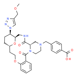 ChemSpider 2D Image | 4-({(1R,5S,21S,24R)-24-[4-(Methoxymethyl)-1H-1,2,3-triazol-1-yl]-4,11-dioxo-18,25-dioxa-3,7,10-triazatetracyclo[19.3.1.0~5,10~.0~12,17~]pentacosa-12,14,16-trien-7-yl}methyl)benzoic acid | C32H38N6O7