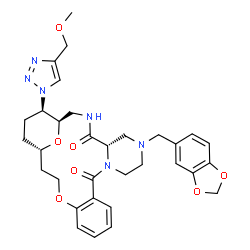 ChemSpider 2D Image | (1R,5S,21S,24R)-7-(1,3-Benzodioxol-5-ylmethyl)-24-[4-(methoxymethyl)-1H-1,2,3-triazol-1-yl]-18,25-dioxa-3,7,10-triazatetracyclo[19.3.1.0~5,10~.0~12,17~]pentacosa-12,14,16-triene-4,11-dione | C32H38N6O7