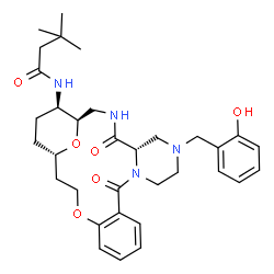 ChemSpider 2D Image | N-[(1R,5S,21S,24R)-7-(2-Hydroxybenzyl)-4,11-dioxo-18,25-dioxa-3,7,10-triazatetracyclo[19.3.1.0~5,10~.0~12,17~]pentacosa-12,14,16-trien-24-yl]-3,3-dimethylbutanamide | C33H44N4O6