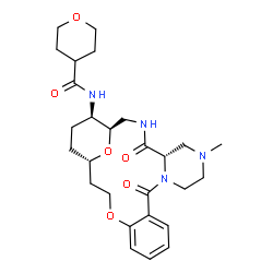 ChemSpider 2D Image | N-[(1R,5S,21S,24R)-7-Methyl-4,11-dioxo-18,25-dioxa-3,7,10-triazatetracyclo[19.3.1.0~5,10~.0~12,17~]pentacosa-12,14,16-trien-24-yl]tetrahydro-2H-pyran-4-carboxamide | C27H38N4O6
