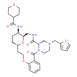 ChemSpider 2D Image | N-[(1R,5S,21S,24R)-4,11-Dioxo-7-(2-thienylmethyl)-18,25-dioxa-3,7,10-triazatetracyclo[19.3.1.0~5,10~.0~12,17~]pentacosa-12,14,16-trien-24-yl]tetrahydro-2H-pyran-4-carboxamide | C31H40N4O6S
