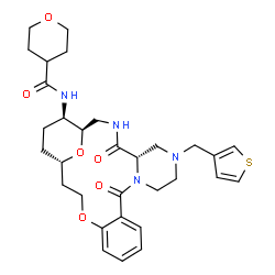 ChemSpider 2D Image | N-[(1R,5S,21S,24R)-4,11-Dioxo-7-(3-thienylmethyl)-18,25-dioxa-3,7,10-triazatetracyclo[19.3.1.0~5,10~.0~12,17~]pentacosa-12,14,16-trien-24-yl]tetrahydro-2H-pyran-4-carboxamide | C31H40N4O6S