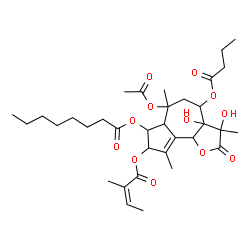ChemSpider 2D Image | (3R,3aS,4S,6R,6aR,7S,8S,9bS)-6-Acetoxy-4-(butyryloxy)-3,3a-dihydroxy-3,6,9-trimethyl-8-{[(2Z)-2-methyl-2-butenoyl]oxy}-2-oxo-2,3,3a,4,5,6,6a,7,8,9b-decahydroazuleno[4,5-b]furan-7-yl octanoate | C34H50O12