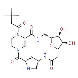 ChemSpider 2D Image | (3S,6S,10S,11R,12S,13R,17S)-18-(3,3-Dimethylbutanoyl)-11,12-dihydroxy-22-oxa-1,4,7,15,18-pentaazatetracyclo[15.3.1.1~3,6~.1~10,13~]tricosane-2,8,16-trione | C23H37N5O7