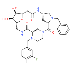 ChemSpider 2D Image | (3S,6S,10S,11R,12S,13R,17S)-4-Benzyl-18-(3,4-difluorobenzyl)-11,12-dihydroxy-22-oxa-1,4,7,15,18-pentaazatetracyclo[15.3.1.1~3,6~.1~10,13~]tricosane-2,8,16-trione | C31H37F2N5O6