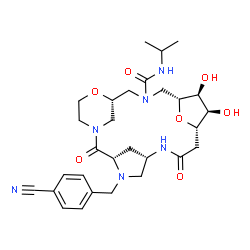 ChemSpider 2D Image | (3S,6S,10S,11R,12S,13R,17S)-4-(4-Cyanobenzyl)-11,12-dihydroxy-N-isopropyl-2,8-dioxo-18,22-dioxa-1,4,7,15-tetraazatetracyclo[15.3.1.1~3,6~.1~10,13~]tricosane-15-carboxamide | C29H40N6O7