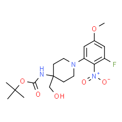 ChemSpider 2D Image | 2-Methyl-2-propanyl [1-(3-fluoro-5-methoxy-2-nitrophenyl)-4-(hydroxymethyl)-4-piperidinyl]carbamate | C18H26FN3O6