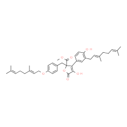 ChemSpider 2D Image | Methyl 3-{3-[(2E)-3,7-dimethyl-2,6-octadien-1-yl]-4-hydroxyphenyl}-2-(4-{[(2E)-3,7-dimethyl-2,6-octadien-1-yl]oxy}benzyl)-4-hydroxy-5-oxo-2,5-dihydro-2-furancarboxylate | C39H48O7