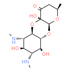 ChemSpider 2D Image | (2R,4aR,5aR,6S,7R,8R,9S,9aR,10aS)-4a,7,9-Trihydroxy-2-methyl-6,8-bis(methylamino)decahydro-4H-pyrano[2,3-b][1,4]benzodioxin-4-one | C14H24N2O7